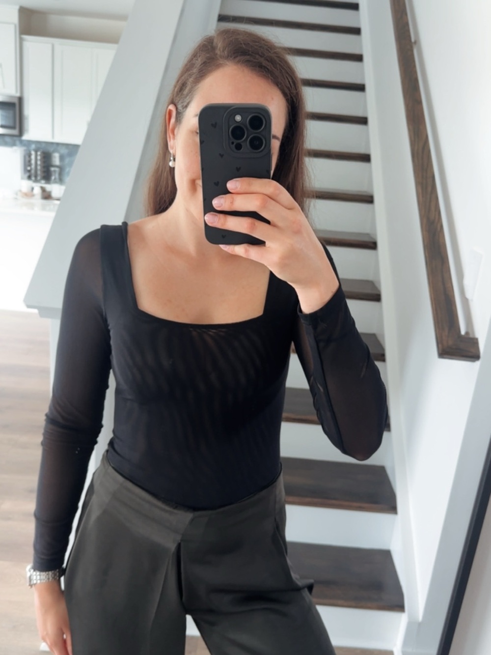 Mesh Black Long-Sleeve Square-Neck Women's Body / Small